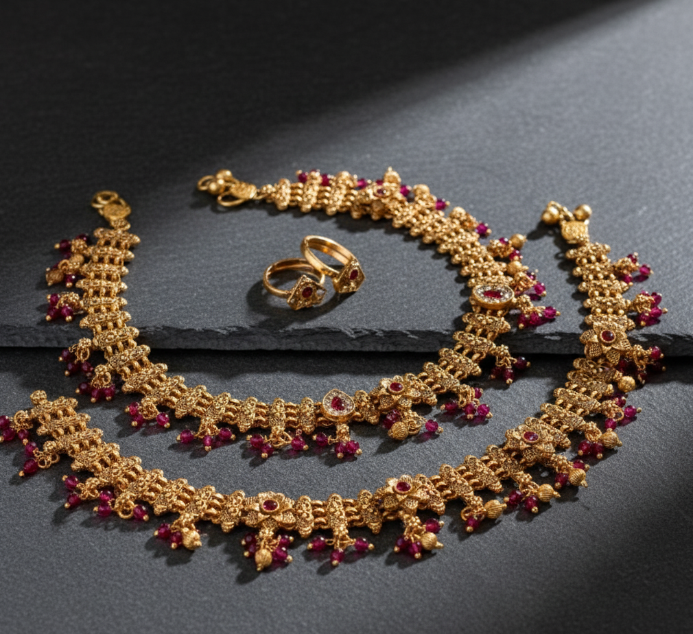 Tara Set Of Antique Golden Anklets and Toe Ring