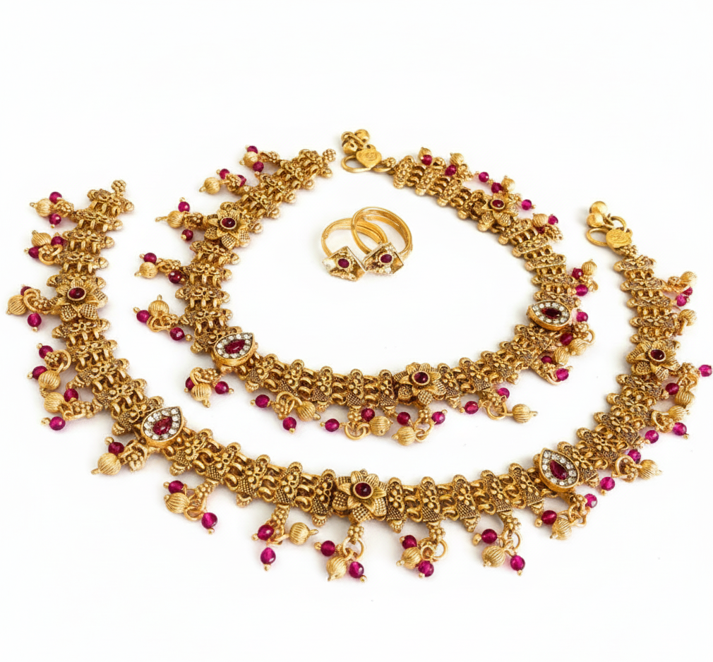 Tara Set Of Antique Golden Anklets and Toe Ring