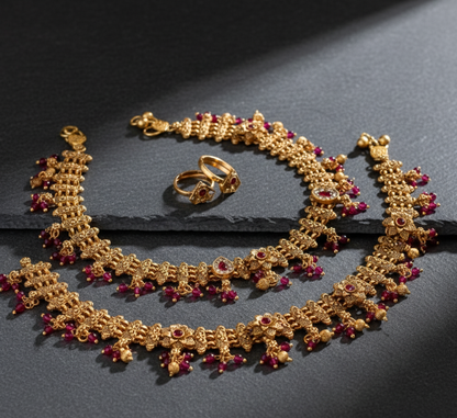 Tara Set Of Antique Golden Anklets and Toe Ring